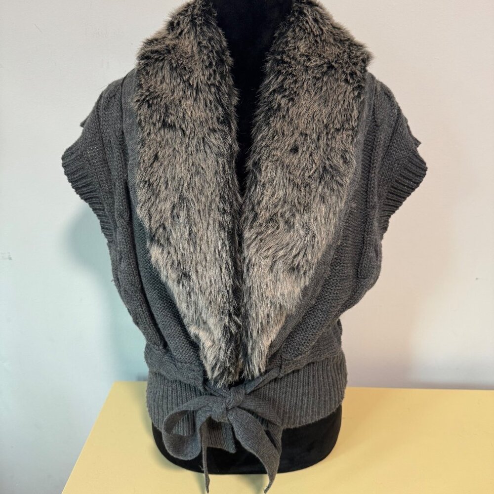 Faux Fur Collar Gray Large Sweater Vest With Tie Belt By New Directions